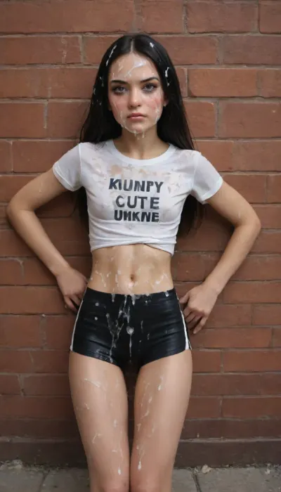Very pretty 18 year old girl, cute, (young:1.7), (1 girl), (solo), half mexican, half british, tiny figure, (very skinny), (very skinny thighs:1.6), skinny legs, narrow hips, small butt, tiny firm butt, athletic, long straight black hair, (long hair), (((view from above and behind))), (bent over), showing you her ass, she's looking over her shoulder at you, running shorts, black shorts, tight t shirt, small curvy butt, (cum on her face), cum on ass, (facial:1.8), (cum:1.8), (bukkake:1.8), (angry), crying, running mascara, visible pussy peeking out from shorts
