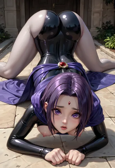 ((chest to the ground, face down, head down, facing down, butt up, hips up, extended legs, spread legs)), ((Raven, justice league, gray skin, hd purple shinny eyes and detailed iris, purple cloak, skin tight latex, breasts, big eyes, sexy body, slim waist, shy eyes)), ((medium round breast, perky nipples, puffy areolas, erect nipple)), glistening skin, (dynamic pose, breast squeeze, covered in cum, wide hips, thick thighs), UHD, extra detail, perfect lighting., 4ng3l, face, raven, <lora:SDXL_BetterFaces-LoRA_v1:.8>, <lora:Raven_XL:.8>, sfb, <lora:sfb_v3:.8>