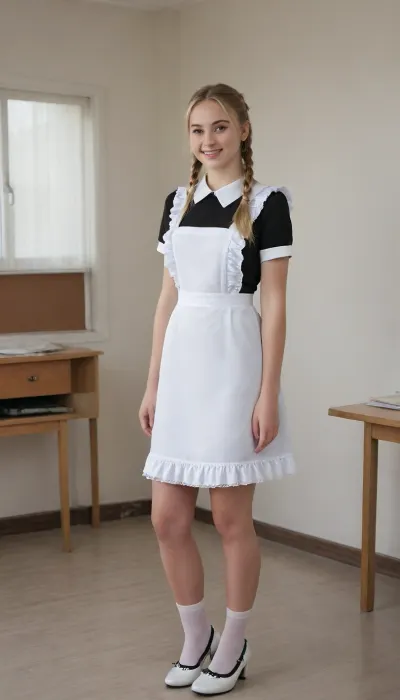 beautiful blonde 18 years old with ponytails woman, white bows, black dress, white apron, soviet schoolgirl, white lingerie, white shoes, high heels, lewddungeon, rclassroom background, Cinematic, laughing, 4k epic detail, shot on kodak, 35mm photo, sharp focus, high budget, cinemascope, moody, epic, gorgeous, film grain, grainy, score_9, score_8_up, score_7_up, rating, suxl, <lora:suxl:.8>