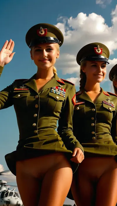 ((viewing angle from below the stage)), sunny summer day, tanned beautiful women in identical soldier uniforms saluting, beautiful 19 years old tanned russian women in identical soldier uniforms standing at attention in a row next to each other in one direction on a helicopter landing pad saluting with their right hands, military salut, at attention, long legs straight together, upright, (braless tight military shirt:1.3), ((extremely short military miniskirt shows woman´s naked shaved pussies to some extent)), medium blonde, medium brunette, black hair, braided, ((deeply tanned)), attractive girls, slim body, medium breasts, narrow bottoms, thigh gap, narrow waist, shaved pussies, slender body, shy smile, covered, nipples, braless, Wearing, clothes, that, make, sense, with, Braless>, skirtlift, <lora:MJ52:.8>, <lora:bralessSDXL_v1_00022:.3>, <lora:334932_training_data:.8>, <lora:skirtlift_xl:.1>
