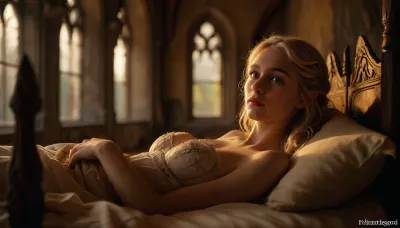 A young, slender, flat-chested, blonde elf from Tolkien's world lies on a carved four-poster bed in an elven castle. She wears beautiful elven lingerie. The details in the room demonstrate the elven artistry. She stares directly into the viewer's face, her longing expression begging for sex. It's a late summer afternoon, and the sun shines brightly through the large castle windows onto the bed. Warm, soft light underscores the romantic and arousing setting., <lora:sunlight_str1-SDXL_v1-dim64-steps1691:1>, <lora:vibrant_dream:.5>, <lora:MJ52:.3>, elven, architecture, <lora:EnvyElvishArchitectureXL01:.8>