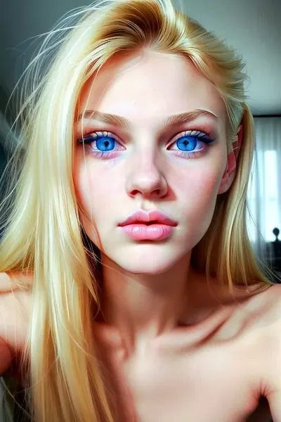 The face of a beautiful girl, young, russian, pretty, very narrow face, skinny, skinny face, very high forehead, powerful jaws, a prominent strong-willed chin, a straight nose, very large round blue eyes, blonde, white skin, small tits. tight ass. huge vagina lips