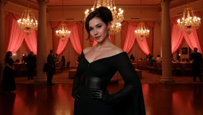 mysterious world At Satan's Ball, where the main character is Margarita from Bulgakov's novel "The Master and Margarita". A magnificent ball, filled with mysterious characters, magical lights and an atmosphere where reality intertwines with fantasy. Margarita, in her elegant black dress and with bright eyes, symbolizes strength and passion, ready to rebel against the ordinary. The image reflects the magic and drama of Satan's Ball, where every detail can tell its own story.