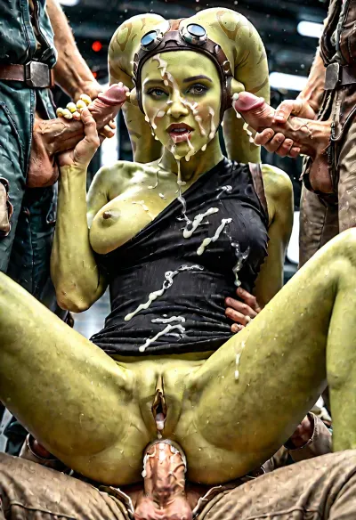 cinematic film still hera syndulla from star wars, raised eyebrow, medium shot, (green skin:1.2), shallow depth of field, vignette, highly detailed, high budget Hollywood movie by martin mcdonagh, bokeh, cinemascope, moody, epic, gorgeous, film grain, grainy, gang bang, hera syndulla anal sex, (anal sex:1.3), large breast, big ass, clothes are ripped, one breast exposed, 3 men stand around her masturbating, cum on her face, cum on clothes, (cum on face:1.2), (cum on clothes:1.3), wet pussy, Male, Twi'lek, Female, <lora:Hera_Syndulla_XL:1.1>, <lora:twi'lek:.8>