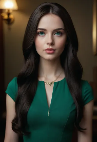 Female portrait, beautiful 25 years old, (porcelain doll-like complexion), skin, heart shaped face, (slightly small, straight), nose, (defined, yet soft), jawline, (almond shaped), (vibrant emerald green, sparkling), eyes slightly tilted upwards at the outer corners, long, flowing, (jet black), locks cascading down back, (middle part), neatly combed classy haircut, Focus on face, photorealistic, masterpiece