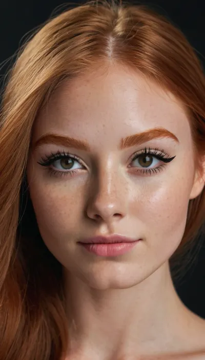 A ginger haired 21yo college student beauty, woman, completely naked, slim petite body with natural hourglass body shape, realistic skin, long opened straightened hair, straight hair, sporty, innocent smile, large bright eyes, innocent face, cute face, very naturally pretty face, stunning beautiful, cutest girl in town, (prelonged black eyeliner, eyeliner trick makes the eyes look bigger, natural bright ginger eyebrows:1.5), (full body in frame:1.4)