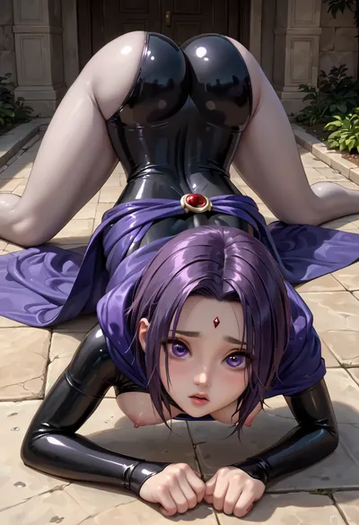 ((chest to the ground, face down, head down, facing down, butt up, hips up, extended legs, spread legs)), ((Raven, justice league, gray skin, hd purple shinny eyes and detailed iris, purple cloak, skin tight latex, breasts, big eyes, sexy body, slim waist, shy eyes)), ((medium round breast, perky nipples, puffy areolas, erect nipple)), glistening skin, (dynamic pose, breast squeeze, covered in cum, wide hips, thick thighs), UHD, extra detail, perfect lighting., 4ng3l, face, raven, <lora:SDXL_BetterFaces-LoRA_v1:.8>, <lora:Raven_XL:.8>, sfb, <lora:sfb_v3:.8>