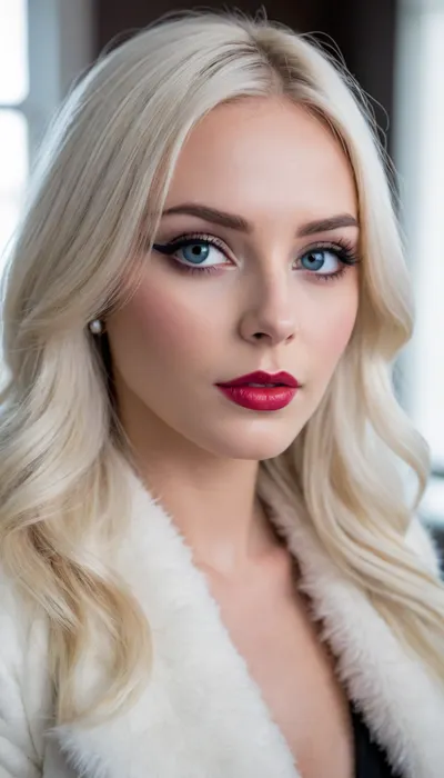 ziprealism, (smug, expressive eyes, breathtaking eyes, mesmerizing eye contact), (white fur coat), (silky hair, brilliant white hair, stark white hair, long hair, cascading hair:1.2), (focus on eyes, perfect eyes:1.6), (vivid lipstick, heavy eyeshadow, dark eyeshadow, bold eyeliner:1.4), (sharp chin, chiseled cheekbones, triangular face, full lips), (medium full shot, profile shot, low angle shot, natural lighting, tight focal length, rule of thirds framing:1.2), (crystal blue eyes, catchlights, detailed eyes, limbal ring), posing in front of sunny window, streaming sunlight, godrays, natural skin texture, soft bokeh, <lora:add-detail-xl:.8>