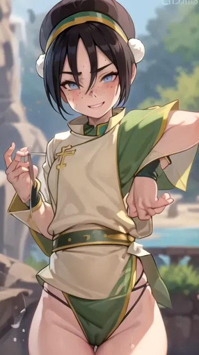 (masterpiece, best quality:1.2), lyco, (atla_tophbeifong-10:1), cowboy shot, solo, 1girl, well build gymnastic body, fitness ass, sports legs, very lots of freckles face, very lots of freckles head, very lots of freckles body, sexy, beautifull, deeply seamless tanned, thigh gaps, shaved pussy, with a perfect face, detailed face, small lips, very much blush on the checks and nose, (raised nasal tip, upturned button nose, upturned nose, delicate nose, nose), (detailed hair, light hairstyle:1.1), no makeup, horny face, very cute big smile, loving hypnotized yellow eyes, toph beifong, blind, expressionless, fighting stance, short hair, hair bun, hairband, grey eyes, (little_girl), chinese clothes, <lora:atla_tophbeifong-10:.5>, <lora:TOPH-V2:.5>