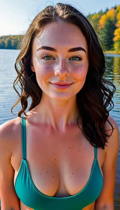 Before and after, (slender petite pale short Midwestern American woman), (24 years old), well build gymnastic body, fitness ass, sports legs, very lots of freckles face, very lots of freckles head, very lots of freckles body, sexy, beautifull, deeply seamless tanned, thigh gaps, shaved pussy, with a perfect face, detailed face, small lips, very much blush on the checks and nose, (raised nasal tip, upturned button nose, upturned nose, delicate nose, nose), (detailed hair, light hairstyle:1.1), no makeup, horny face, very cute big smile, loving hypnotized yellow eyes, (by a rural Wisconsin lake), (shy infectious smile), (amused dark blue eyes), (messy neckline-length very wavy black hair), (medium boobs), (long oval-shaped face), (pale skin with faint one-piece tan lines), (prominent freckles especially on nose and cheekbones and chest), (slender), (high detailed skin), (lip gloss), (dark eyebrows), (strong cheekbones), (slight overbite), (tight ass), (wholesome), (hairy bush), (in a very modest dark blue and green one-piece swimsuit), BREAK, (completely naked), zoom out, full body, <lora:OnoffXL_ExtraCrispy:.4>, <lora:MJ52:.8>