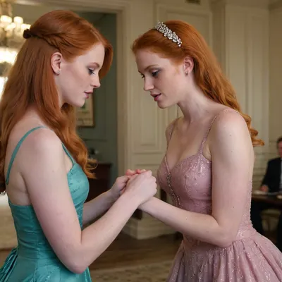 redhead in formal dress getting fucked by a tall blonde 18yo with a strapon