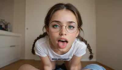 An 18yo girl, geeky, nerd, with big round glasses, braces on teeth, brown hair in braids, on her knees, mouth open, tongue out, eyes squinting with pleasure, she squints, drool coming out of her mouth, drool flowing from tongue, viewer can see her small breasts underneath her white t-shirt, green eyes, pov, facing her, frontal view, teasing face
