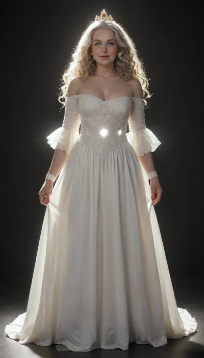 (18 old years:2), (white Woman), (ultra White skin:2), (A single woman:1.5), (white eyes:1), (white glowing:2), (Thin lips), (upturned nose), (ultra-realistic), (best quality), (best lighting), (fat body:1.4), (((wavy hair:1.4), (long hair:.5), (full light_White hair:1.5))), (big breast:.8), (wide hip:1.2), (big thigh:1.2), (blush:1.5), (white lipstick:1.4), slight smile, (Off-shoulder:1.3), (fryfry dress:1.5), (long bishop sleeve:1.5), (white dress:1.5), (princess gown:2), (white crown:1.4), (Levitation:2), (full body:1.4), (black room:1.5)