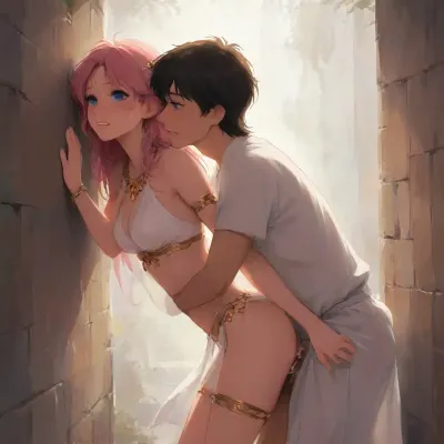 Russian 18 year old girl, long hair, pink hair, messy hair, short pointy ears, (white exposing exotic dancer costume), pelvic curtain, arabian transparent harem outfit, breasts curtain, white clothes, detached slit sleeves, pinned against the wall, face pushed against wall, fucked from behind by a man, ((side view)), hand pushing against wall, (breasts press against wall), big blue eyes, skinny, clenched teeth, sex, high quality, highres, (looking behind), (cheek against wall), hands against wall, creampie, vaginal, standing sex, ((empty eyes)), (j_cartoon:1.5), Drawing, <lora:samdoesarts1.1-000030:.4>, <lora:J_cartoon:.8>, <lora:Animated_Concept:.4>