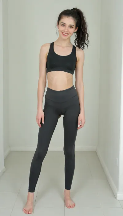 A young petite timid college girl of 1m60 height, bathroom, smiling at me. black wavy hair in a ponytail. wearing long black highwaisted runningpants, wearing black sportsbra, playful, realistic skin with many moles and imperfections, anorexic, slender figure, Detailed natural skin and blemishes without-makeup, close, perfect eyes, skin blemish, facing you, front view, bare feet, slimwoman, flat chested, <lora:pyroV4-256:2>, <lora:flat_chested_v3.5:.8>, Detailed natural and blemishes without-makeup, <lora:skin_4-000015:.3>