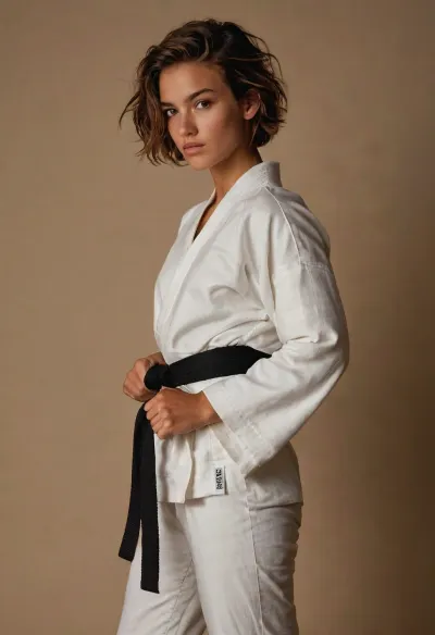20 year old woman, tomboy, androgynous body, Very short Messy Chestnut Brown hair, Toned body, Caucasian with tanned skin, gentle fingers usually curled up in a fist, surprisingly strong arms, long legs, medium breasts, medium butt, wears a white karate kimono, black belt, white pants are already somewhat short