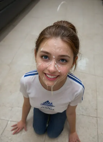 Masterpiece, (Full lateral motion view from above:3), Petite skinny pale 18yo spanish woman kneeled and chained in a dungeon, (cumshot facial:2.8), wet t-shirt after piss session, cumplay with tongue and mouth, ((firmly squeezing her own breasts, 1.9)), wet redhead ponytail hair, tanlines, very wet skin, detailed blue eyes, (slightly smiling:2), tight jeans, adidas snickers, ((visible cock eyaculating)), NEGATIVE_HANDS, from below, flat, chested, <lora:add-detail-xl:2>, <lora:flat_chested_v3.5:.8>, <lora:piss_in_mouth_deepmind:.8>