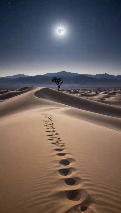 A serene and mystical night scene in the desert, with the full moon, a silver crescent glowing brightly in the top left corner of the frame, casting an ethereal light upon the endless dunes below, which stretch out toward the horizon in gentle, rolling waves, their sandy peaks and troughs illuminated by the soft, lunar glow, while the surrounding sky is a deep shade of indigo, punctuated by a smattering of twinkling stars, and the air is crisp and still, filled with the sweet scent of nocturnal blooming flora, and in the distance, the silhouette of a few sparse, wispy trees stands out against the luminous sky.