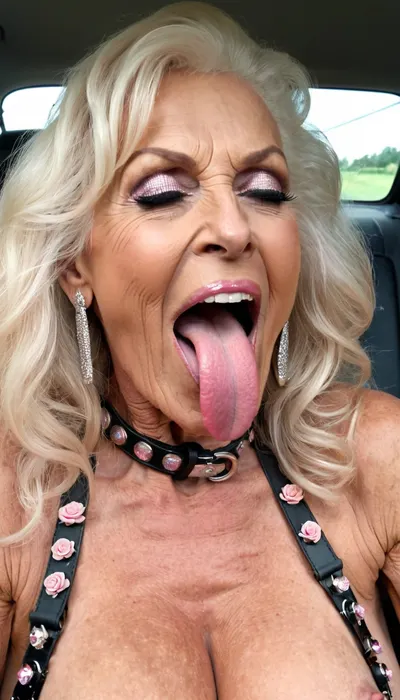 smile skinny brigitte nilsen old granny, smile gilf streches out her extreme long tongue, usa pervert old bodybuilding muscle woman gilf with long tongue, massive boobs, open her mouth big, waiting for cumshot, very wet and very long hair, smokey, lipstick, ginger kinky very long curly hair cut, with very massive tits hugh boobs, sticks her extreme long tongue out of her mouth, big open mouth, in a car, wearing a silver pink rose transparent diamant silver leather bodyharness, hairstyle after sex, make up running down, kinky crazy granny