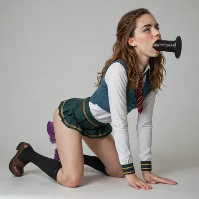 1 girl solo, white background, deep anal penetration black giant horsecock dildo, profile view, kneeling on all fours, ((focus intricate detailed Hermione Granger face:1.1)), ((detail eyes, detail mouth)), (detail fully clothed in Hogwarts uniform, pleated skirt, thigh high socks, high platform shoes, covered erect nipples), (skinny:1.3), (((detail black Giant horsecock dildo comes out of her mouth, dildo goes straight through her))), _horizon_zero_dawn