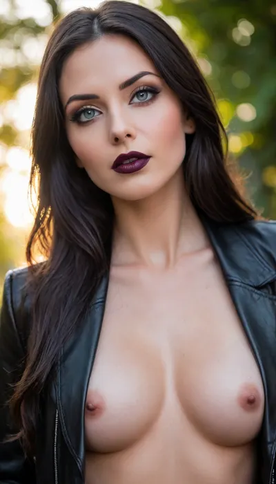ziprealism, (smug, expressive eyes, breathtaking eyes, mesmerizing eye contact), (black leather coat, open jacket, cleavage), (silky hair, glossy black hair, long hair, cascading hair:1.2), (focus on eyes, perfect eyes:1.6), (dark lipstick, heavy eyeshadow, dark eyeshadow, bold eyeliner:1.4), (sharp chin, chiseled cheekbones, triangular face, full lips), (medium full shot, profile shot, low angle shot, natural lighting, tight focal length, rule of thirds framing:1.2), (crystal blue eyes, catchlights, detailed eyes, limbal ring), posing in front of a motorcycle, streaming sunlight, godrays, natural skin texture, soft bokeh, <lora:add-detail-xl:.8>