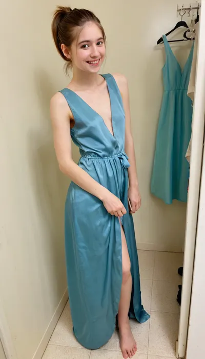 pov, A young slender petite timid college girl of 1m60 height standing in a clothing shop changing stall, indoor, silk long pale-blue gala gown, deep v-neck, smiling at me, short length brown straight hair, her hair in a loose ponytail. playful, realistic skin with many moles and imperfections, Detailed natural skin and blemishes without-makeup, showing off her new outfit, thin figure, perfect eyes, skin blemish, detailed, <lora:polyhedron_all_sdxl-000004:.8>