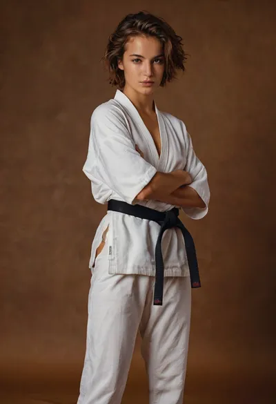 20 year old woman, tomboy, androgynous body, Very short Messy Chestnut Brown hair, Toned body, Caucasian with tanned skin, gentle fingers usually curled up in a fist, surprisingly strong arms, long legs, medium breasts, medium butt, wears a white karate kimono, black belt, white pants are already somewhat short