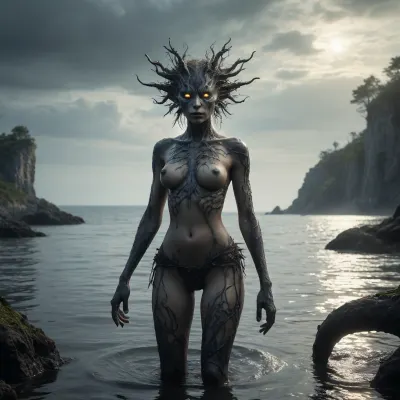 The scene is made on the ocean shore with vegetation in the style of dark fantasy-a dystopia with a very detailed and atmospheric environment. The world in the water is magically infected with glowing anomalies, perverted nature, and the remnants of vanished civilizations. The light is unnatural, casting eerie shadows . Creature sexy girl and characters \ \ mystical, hybrid, animal-like anthropomorphic creatures with dangerous or wild traits. The art style combines elements of medieval fantasy.