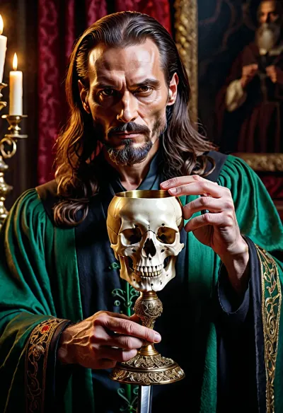 Super realistic image, full color image, 8K quality, super detail, masterpiece, “The Master and Margarita”, Satan's ball, Woland, a tall slender man, brunette, about forty years old, eyes of different colors, the right black, and the left green, in a black robe, ((with his left hand leaning on a sword)), ((in his right hand holds a goblet made of a human skull)), filled with red wine, front view