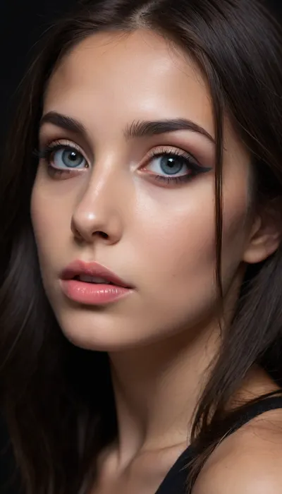 ziprealism, (profile shot, intimate snapshot esthetic:1.8), (playful girlfriend, mischievous woman, bashful pose), (expressive eyes, breathtaking beauty, mesmerizing eye contact), (silky hair, black hair, long hair:1.4), (focus on breasts, perfect eyes, medium closeup shot), (subtle makeup, sporty makeup), (sharp chin, chiseled cheekbones, triangular face, full lips, glossy lips), (crystal blue eyes, catchlights, detailed eyes, limbal ring:1.2), natural skin texture, (dark, chiaroscuro, textured black background:1.6), <lora:add-detail-xl:.8>, <lora:zavy-cntrst-sdxl:.8>