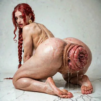 18 year old girl, long braided red hair kneeling on ground we can see her ass, extreme anal prolapse, extreme pussy prolapse, extreme boobs