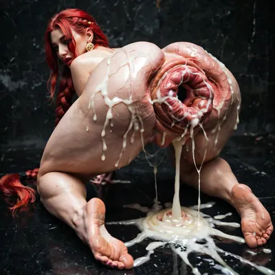 18 year old girl, long braided red hair kneeling on ground we can see her ass, extreme anal prolapse, extreme pussy prolapse, extreme boobs, Extreme cum on ass