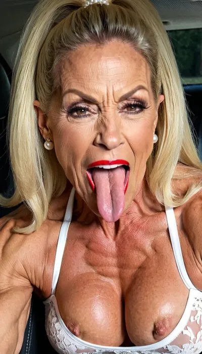 streches out her extra long tongue, (big fleshy tongue), close up her pussy, closed her eyes, squatting, naked, close up her face, close up vagina, enjoy with smiling her orgasm, bulging red lips, fake silicon big mouth, extreme big lips and mouth, blonde hair granny, very old gilf, hard muscle stiration, skinny hard muscle body, very broad big mouth, black ponytail hairstyle, hair, marina beaulieu milf, extremely muscular gilf, with wide muscular shoulders, abs, high muscle definition, very thin fat free skin, massive bodybuilding milf, bulging lips, granny want sex, wide mouth, round big boobs, happy sinful gilf, squatting in a car, blonde hair, very short pixie black buzzcut hair, close up mouth, muscle_bimbo, old dominatrix lady, lora, Muscle_Bimbo_SDXL, make up, pearl jewellery, wearing a white blouse dress