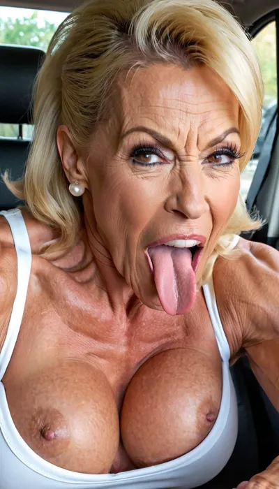 streches out her extra long tongue, (big fleshy tongue), close up her pussy, closed her eyes, squatting, naked, close up her face, close up vagina, enjoy with smiling her orgasm, bulging red lips, fake silicon big mouth, extreme big lips and mouth, blonde hair granny, very old gilf, hard muscle stiration, skinny hard muscle body, very broad big mouth, black ponytail hairstyle, hair, marina beaulieu milf, extremely muscular gilf, with wide muscular shoulders, abs, high muscle definition, very thin fat free skin, massive bodybuilding milf, bulging lips, granny want sex, wide mouth, round big boobs, happy sinful gilf, squatting in a car, blonde hair, very short pixie black buzzcut hair, close up mouth, muscle_bimbo, old dominatrix lady, lora, Muscle_Bimbo_SDXL, make up, pearl jewellery, wearing a white blouse dress
