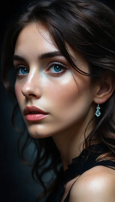 ziprealism, (profile shot, intimate snapshot esthetic:1.8), (playful girlfriend, mischievous woman, bashful pose), (expressive eyes, large eyes, downturned eyes, breathtaking beauty, mesmerizing eye contact), (silky hair, black hair, long hair:1.4), (focus on eyes, perfect eyes, medium closeup shot, short focal length), (professional makeup, elegant makeup), (sharp chin, chiseled cheekbones, triangular face, full lips, glossy lips), (crystal blue eyes, catchlights, detailed eyes, prominent limbal ring:1.2), natural skin texture, (subtle vellus hair:.4), (dark, chiaroscuro, textured black background:1.6), (style of Rembrandt, Italian woman:1.2), <lora:MJ52:.8>, Colorsplash, <lora:SDXLPaintSplash:1.6>