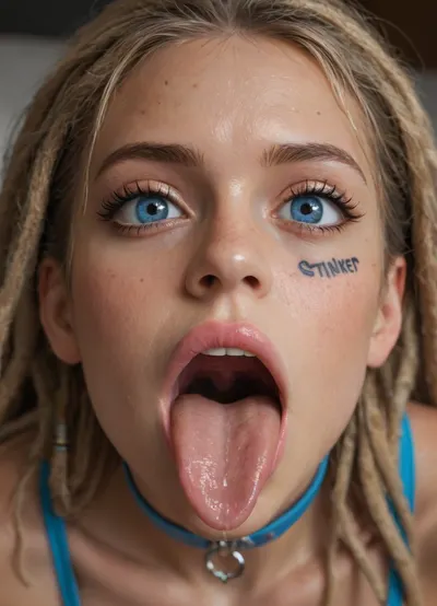 from above, blue eyes, collar, (blonde dreadlocks:1.4), dark freckles, (big pink lips:1.4), (gaping mouth open:1.3), (long wet tongue:1.3), big beautiful teeth, (wide eyes:1.1), looking at viewer
