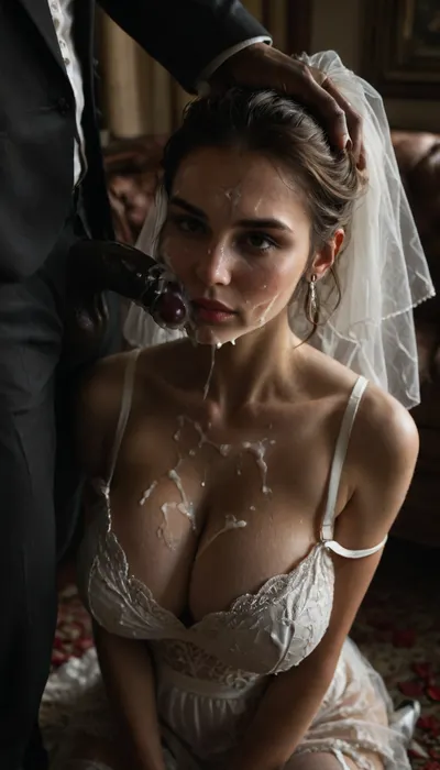 (huge massive bukkake face:1.9), (2 black skin brute sits on the sofa:1.3), (man and woman's face full of thick sticky cum facial:1.9), A romantic Iranian wedding scene under a spotlight, the bride and groom share a passionate kiss. The bride is wearing a stunning, sensual white wedding outfit, a deep V-neck bridal dress with a short, shiny satin skirt, sheer white stockings, and an elegant white garter belt. Her outfit is both classy and irresistibly attractive, with delicate lace details and high heels. The groom is in a sharp, tailored black suit and white shirt, looking at her with deep affection. The background is softly lit, with rose petals falling, creating a dreamy, cinematic mood., reij-snrs, light, and, shadow, by, <lora:dark:.4>, <lora:sunriseSDXL-000009:.6>, <lora:dAIversityUnderstandingXLRealistic:1.1>