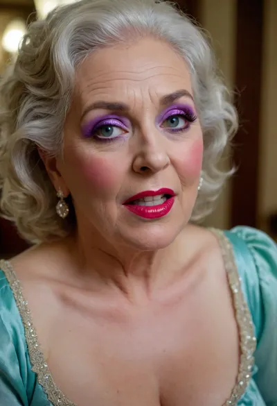 epic 4k detail, kodak shot, 35mm photo, clear focus, big budget, movie shot, A frivolously dressed elderly curve slut with bright makeup on her face, full body photoshoot, Very explicit photos