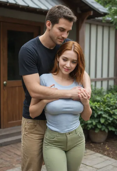 is holding, She is positioned slightly to the left of center in the image, and is facing forward, looking down . A man is behind the girl, his arms are around her, standing very close, (((He is fully dressed))), (((She is fully dressed))), She has shoulder-length dark ginger vawy thick and lush hair and is wearing a blue t-shirt and a green shorts. She appears to have an average a little plump broad build with a fat belly. 160 cm tall. The woman is smiling peacefully. The man’s expression is gentle. He is wearing house pants and a t-shirt, man is 35 yo, man is 175 cm tall, she is 35 yo, She has a large breast, (((E cup))), <lora:SDXL1.0-LoRa_Zeitgeist-Series-by-AI_Characters_Style_Photographic-v2.0:1.5>, NEGATIVE_HANDS, hugging, <lora:HandFineTuning_XL:.8>, A voluptuous girl, (big busty curved), standing holding her hugged from behind, (snuggling hugging), best quality, sakura, uchiha, crest