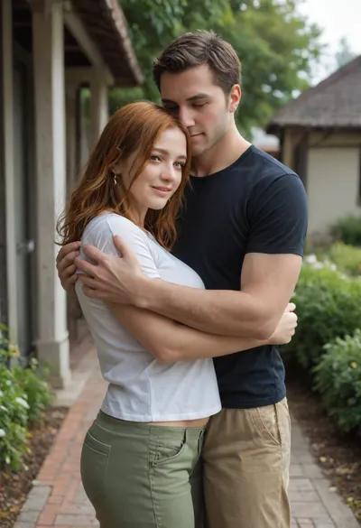 is holding, She is positioned slightly to the left of center in the image, and is facing forward, looking down . A man is behind the girl, his arms are around her, standing very close, (((He is fully dressed))), (((She is fully dressed))), She has shoulder-length dark ginger vawy thick and lush hair and is wearing a blue t-shirt and a green shorts. She appears to have an average a little plump broad build with a fat belly. 160 cm tall. The woman is smiling peacefully. The man’s expression is gentle. He is wearing house pants and a t-shirt, man is 35 yo, man is 175 cm tall, she is 35 yo, She has a large breast, (((E cup))), <lora:SDXL1.0-LoRa_Zeitgeist-Series-by-AI_Characters_Style_Photographic-v2.0:1.5>, NEGATIVE_HANDS, hugging, <lora:HandFineTuning_XL:.8>, A voluptuous girl, (big busty curved), standing holding her hugged from behind, (snuggling hugging), best quality, sakura, uchiha, crest