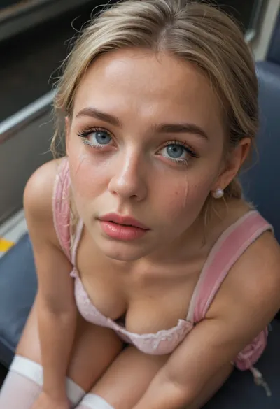 Night, nighttime, dimly lit, empty train, blonde, sophomore, bimbo, braided hair, sitting, tanned skin, ((huge fake h- cup boobs)), perfect face, insanely beautiful, pearl earrings, small backpack, she is lifting her tight pink top, white bra, checkered miniskirt, thigh high socks, sneakers, looking up to viewer, ((crying, tears on cheeks)), close view from above