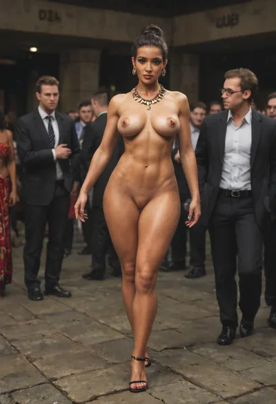 Very tall Caucasian woman in an African tribe, 8k, large drooping teardrop breasts, nude, tribal necklace, professional photography, brunette, bobbed haircut, full body view, long shot, high quality, HDR, soft light, washed out colors, grainy, sharp focus, big hips, (shaved vagina:1.4), visible feet, female tribal crowd, realistic faces, detailed faces. men are erect