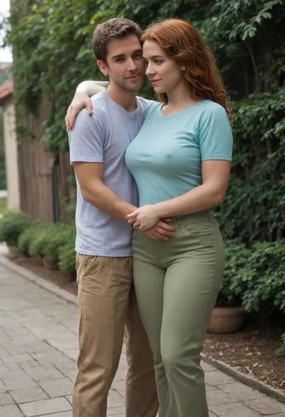 is holding, She is positioned slightly to the left of center in the image, and is facing forward, looking down . A man is behind the girl, his arms are around her, standing very close, (((He is fully dressed))), (((She is fully dressed))), She has shoulder-length dark ginger vawy thick and lush hair and is wearing a blue t-shirt and a green shorts. She appears to have an average a little plump broad build with a little belly. 160 cm tall. The woman is smiling peacefully. The man’s expression is gentle. He is wearing house pants and a t-shirt, man is 35 yo, man is 175 cm tall, she is 35 yo, She has a large breast, (((E cup))), <lora:SDXL1.0-LoRa_Zeitgeist-Series-by-AI_Characters_Style_Photographic-v2.0:1.5>, NEGATIVE_HANDS, hugging, <lora:HandFineTuning_XL:.8>