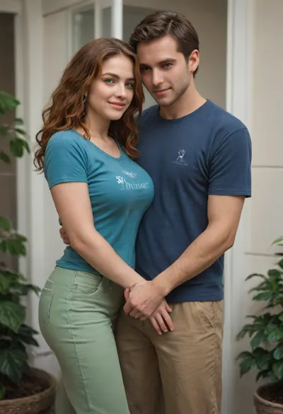 is holding, She is positioned slightly to the left of center in the image, and is facing forward, looking down . A man is behind the girl, his arms are around her, standing very close, (((He is fully dressed))), (((She is fully dressed))), She has shoulder-length dark ginger vawy thick and lush hair and is wearing a blue t-shirt and a green shorts. She appears to have an average, a little plump broad build. 160 cm tall. The woman is smiling peacefully. The man’s expression is gentle. He is wearing house pants and a t-shirt, man is 35 yo, man is 175 cm tall, she is 35 yo, She has a large breast, (((E cup))), <lora:SDXL1.0-LoRa_Zeitgeist-Series-by-AI_Characters_Style_Photographic-v2.0:1.5>, NEGATIVE_HANDS, hugging, <lora:HandFineTuning_XL:.8>