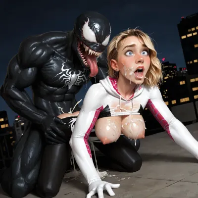 19 yo, Spider-Gwen, pretty face, huge breasts, Spider-Gwen costume, eyes wide, mouth open, sweat, tears, drool, shock, rooftop, night time, city skyline, on all fours, doggystyle sex, thick white cum, cum on face, drooling cum, cum dripping from girls mouth, cum on clothes, cum on breasts, rough sex, motion blur on breasts, bouncing breasts, <lora:877349_training_data:.8>, <lora:Spider-Gwen:.8>, incase, style, <lora:287175_training_data:.8>, Venom behind girl, Venom fucking Spider-Gwen, dynamic angle, Venom is large