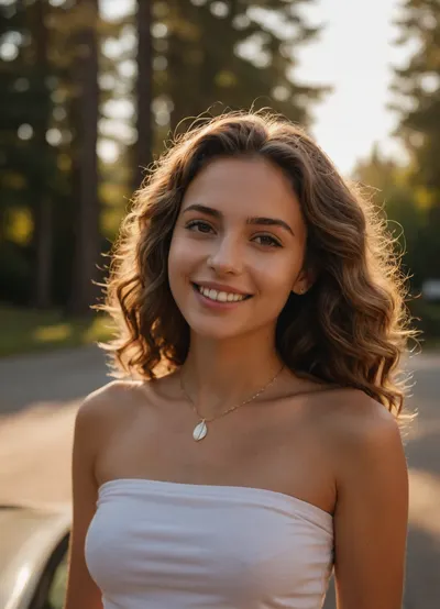 A beautiful young brunette woman with soft wavy hair and playful, youthful facial features, standing outside near a car door on a sunny day. She wears a white tube top and a shell necklace, giving off a summery, beach-girl aesthetic. Her skin is sun-kissed and glowing in the golden hour light. She's looking into the camera with a slight, confident smile and relaxed, natural pose. Background includes trees and warm tones from nature, with a subtle bokeh blur.
Style, Natural lighting, candid outdoor portrait, warm tones, cinematic soft focus, DSLR-quality, shallow depth of field.