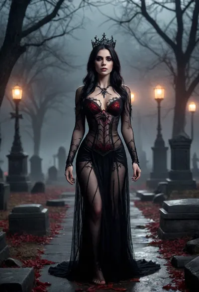 A seductive spider queen rising from an ancient graveyard, her body wrapped in glistening black web strands that shimmer under the moonlight. She stands barefoot on cracked tombstones, with long flowing dark hair, glowing red eyes, and a crown made of twisted bone and spider legs. Tombs and dead trees surround her, and ghostly webs stretch between crosses. Mist rolls over the ground, and tiny glowing spiders crawl along her arms. Gothic horror style, sexy and dark atmosphere, cinematic moonlight, ultra