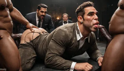 Sexy chubby muscular man, (chubby body:1.2), thick eyebrows, Algerian man, 35-years-old, full thick mutton chops hairface, (mutton chops hairface:1.5), very short curly hair, (big lips:1.5), (big booty:1.6), (brown lips:1), macho male, Maghreb man, tanned skind, (brown skin:1.5), arabian gangster, (big booty:1.5), torn ripped formal suit, (torn ripped suit:1.7), in dim basement, dirty basement, garbages, graffitis walls, dark lighting, gay hardcore Orgy, ass up, anal penetration, tan skin, doggystyle sex, veiny penises, sweaty, formal suits, precum, drooling, forced fuck, masturbation, black cocks, creampie, cum in mouth, cum on body, happy faces fuckers, schocked face fucked man, only men, all men 50+, only gay sxe scene, gay males, orgy