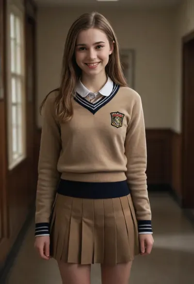 (masterpiece, best quality, high resolution, photorealistic, cinematic lighting), 1 young woman, white skin, very cute, excited smiling face, (light-brown hair), long hair, straight hair parted down the middle, skinny, short waist, petite, anorexic, (wearing a high school uniform sweater), (wearing a high school uniform skirt), portrait from the waist up