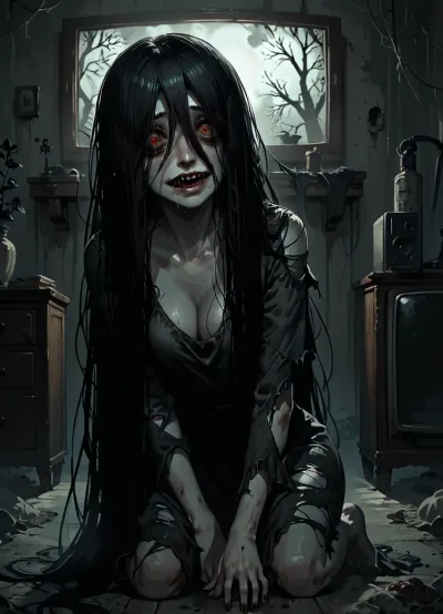 score_9, score_8_up, score_7_up, score_6_up, (animated, 2d, anime style), (((Sadako Yamamura))), 1girl, solo, long hair, black hair, very long hair, (mess hair), torn clothes, impossible clothes, hair over eyes, torn dress, grey skin, impossible dress, yamamura sadako, hair over one eye, (((yandere, psychosis, possession, dangerous, crazy, psycho))), blush, (heavy breathing), steam, (bags under eyes), night, television, sweat, head tilt, smile, (wavy mouth), cleavage, (huge veiny breasts, saggy), ((full body)), (night, dark room), (red glowing eyes), (((on all four, crawl from tv))), glitches, lean forward, (gothic style, dark theme, low light, cold colors, nightmare, horror), (<lora:Concept Art DarkSide Style LoRA_SeaArt Furry XL 1.0:2>)